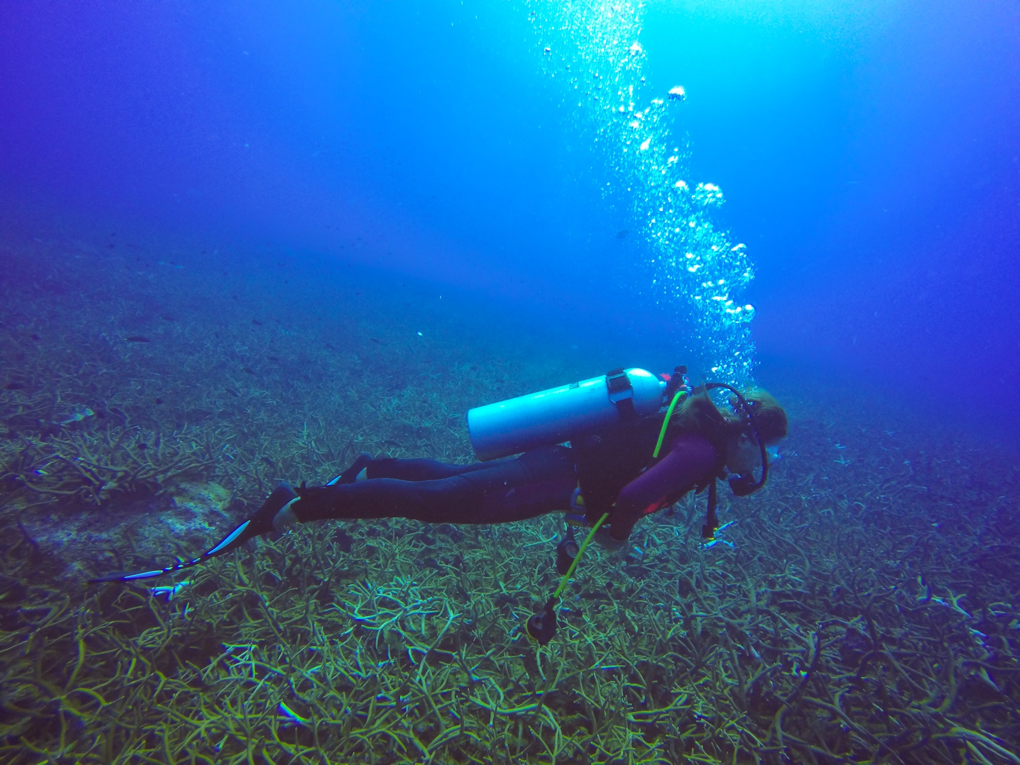 Underwater scuba diving selfie shot with selfie stick. Deep blue sea. Wide angle shot.